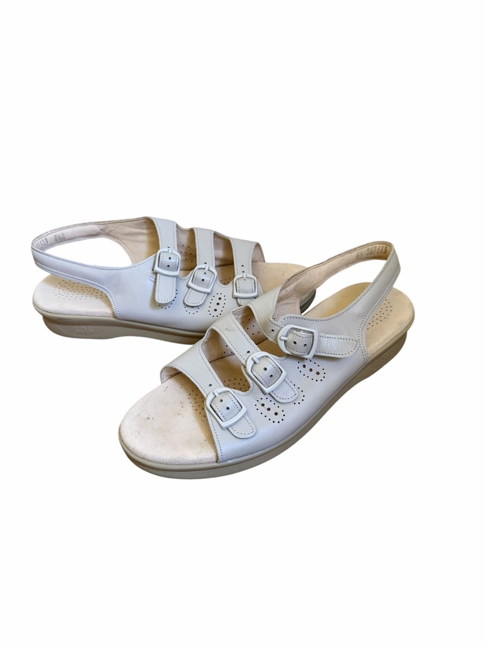 SAS Mystic Adjustable Beige Women's White Linen Comfort Buckle Sandals Size 8.5
